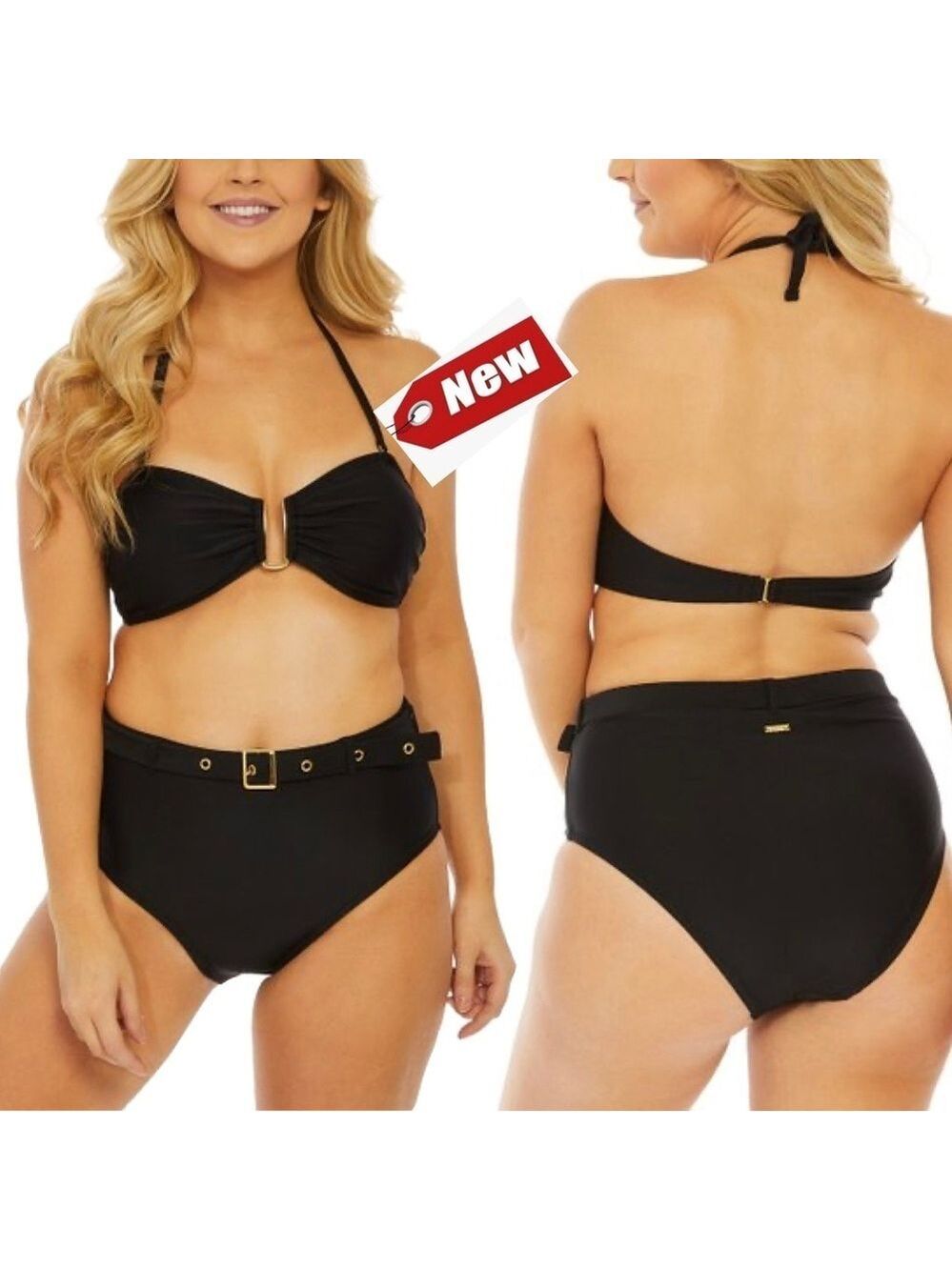Nicole Miller Black Bandeau Halter Bikini Top & Belted High-Waist Bottoms L NWT